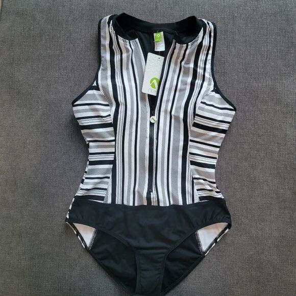 Next Women's Black and White Striped Front Zip One Piece Swimsuit sz Sma… - Picture 1 of 12